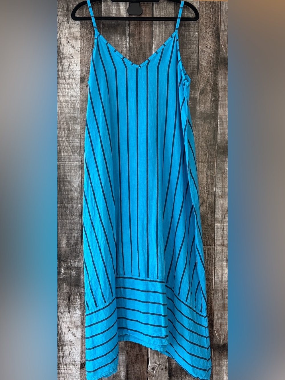 Terzo Millennio Turquoise Striped 100% Linen Midi Dress-S